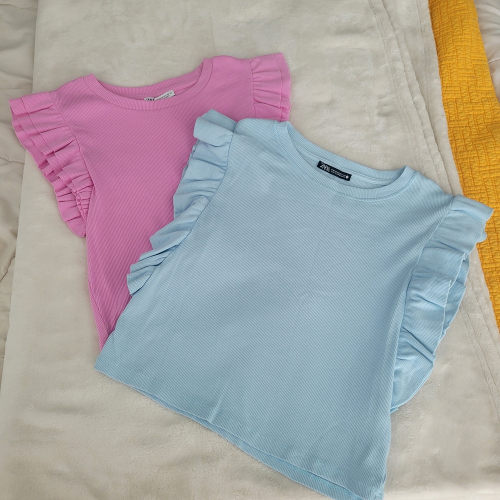 Zara Women's Short Sleeve Ruffle Tops in Pink and Blue